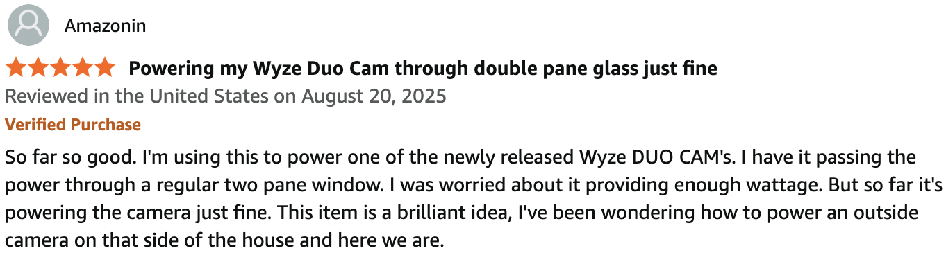 Five star Amazon review for Power Mole powering Wyze Duo Cam