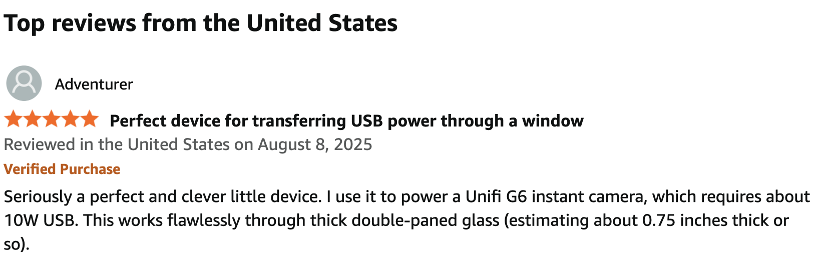 Five star Amazon review for Power Mole powering Unify G6 camera
